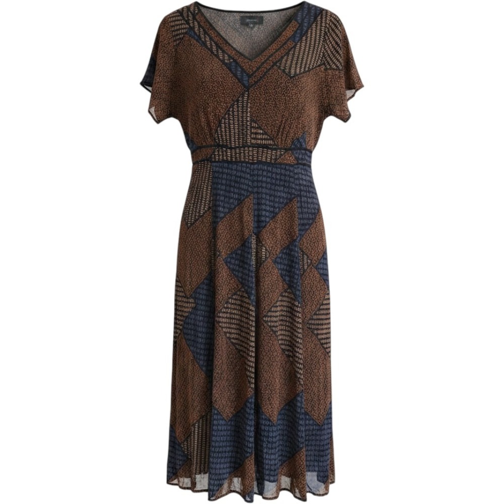Per Una Marks and Spencer Patchwork Midi Dress Brown Navy UK 16 US 12 Modest
